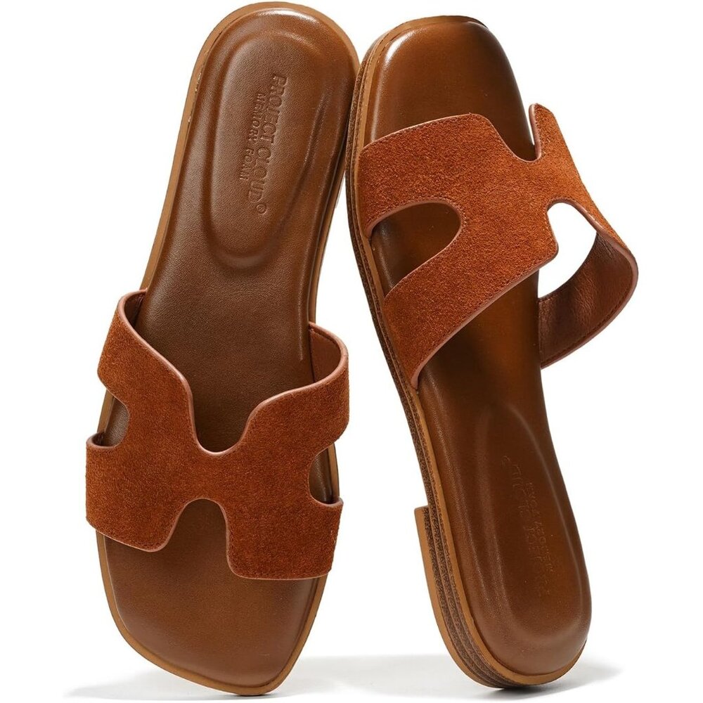 ⚡Women's Brown Genuine Leather Fashion Flat Sandals Memory Foam Insole Slip On